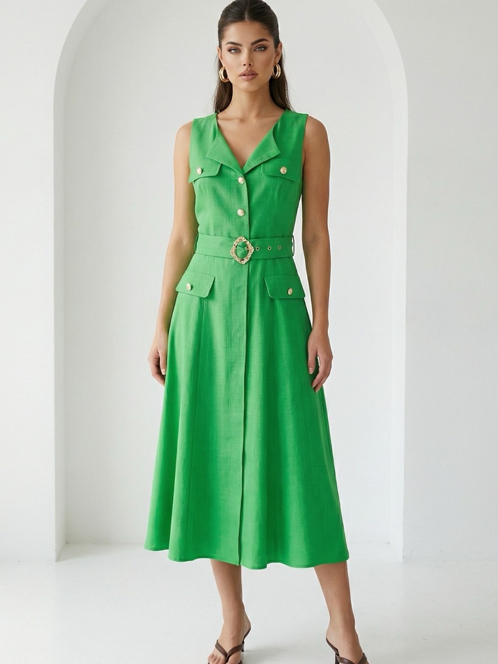 Sleeveless Green Belted Midi Dress